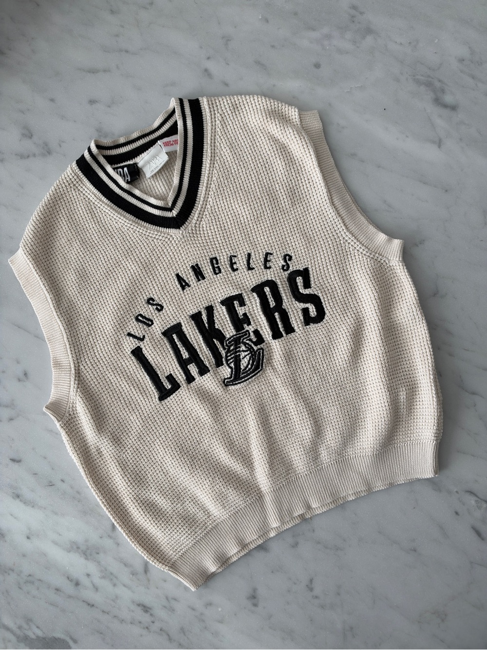 Zara Cream Knit Lakers Sleeveless Sweater Vest with Black Trim